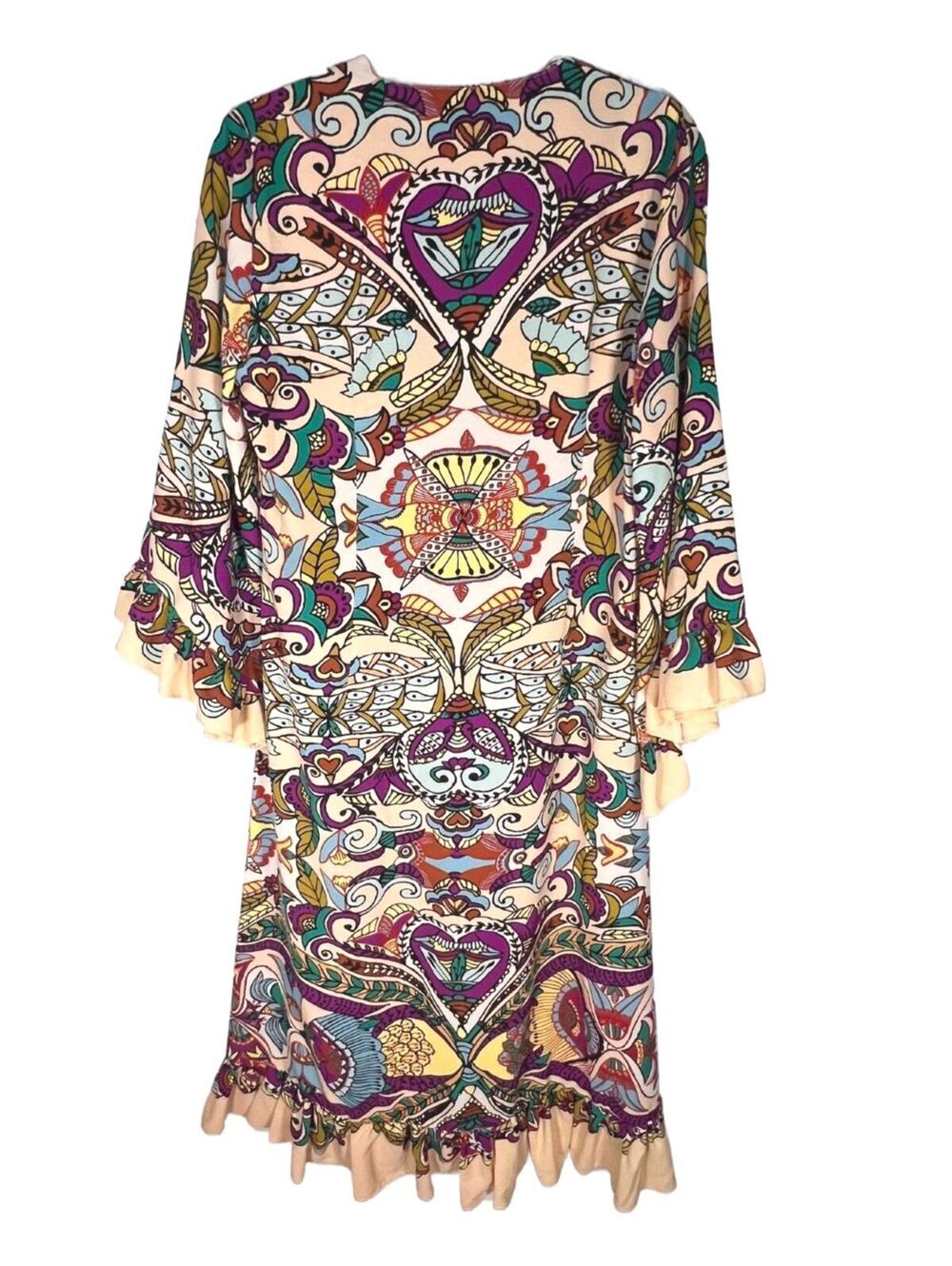 Zara Boho Psychedelic Print Tie Neck Bell Sleeve Midi Dress Cream Purple 70s L - Picture 4 of 9